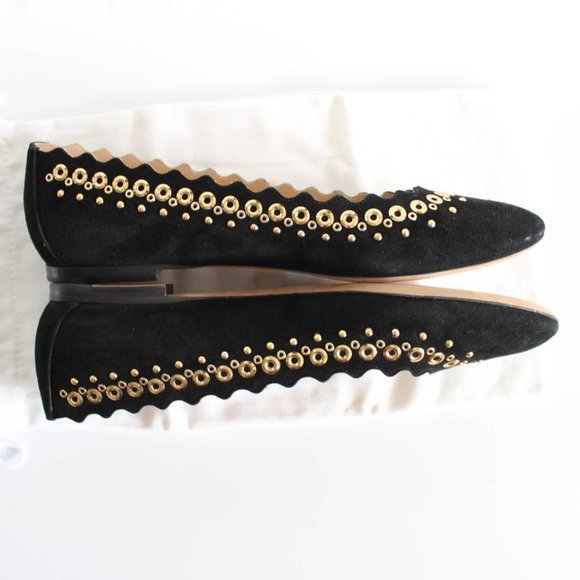 NWT Chloé Black Suede Scalloped Gold Studded Ballet Flat - Picture 7 of 16